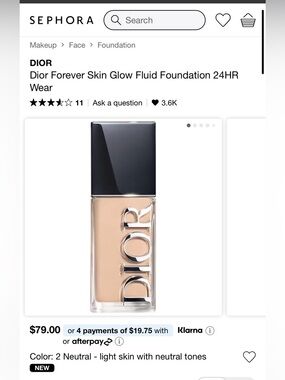 DDior Forever Skin Glow Fluid Foundation 24HR Wear 2N Old Packaging